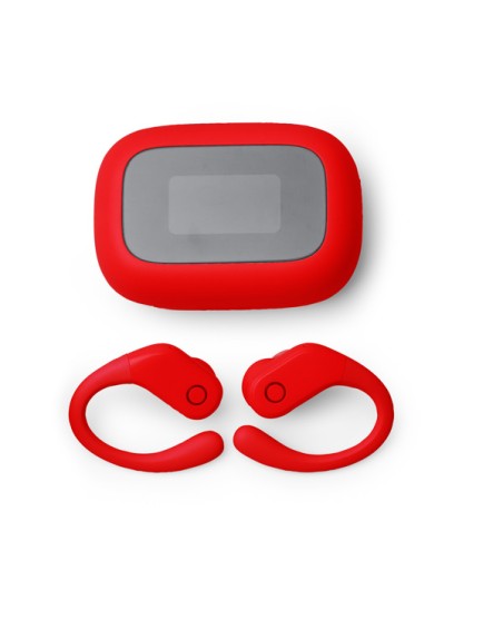auriculars de color vermell bluetooth, amb caixa de càrrega personalitzables.