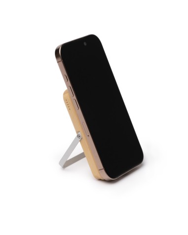 Batterie externe sans fil avec fonction support pour téléphone portable. Personnalisable avec votre logo.