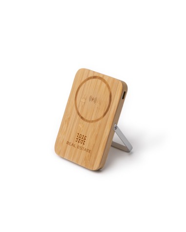 Bamboo power bank with phone stand. Wireless charging.