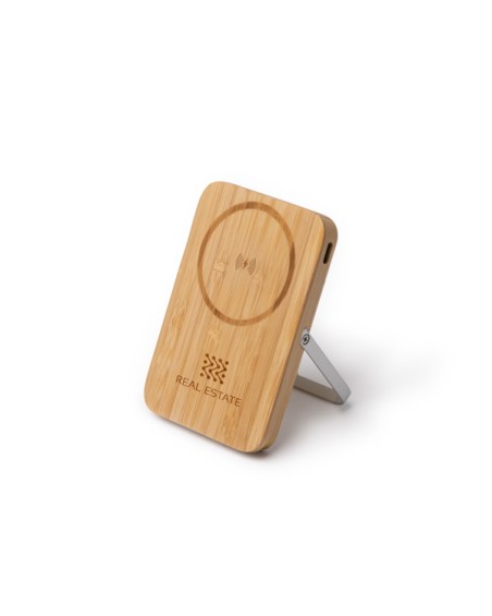 Bamboo power bank with phone stand. Wireless charging.
