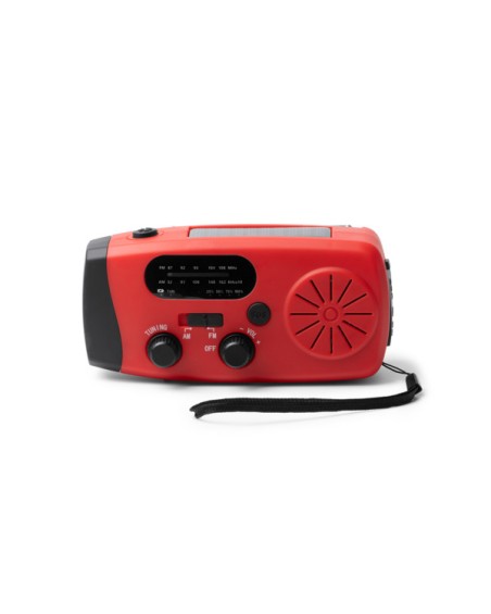 Radio multifonction avec batterie externe, lampe torche et haut-parleur. Couleur rouge.