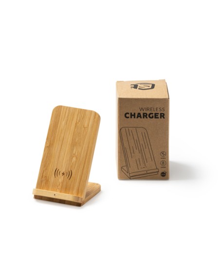 Vue du chargeur/support de bureau Gravity en bambou et dans une boîte en carton recyclé