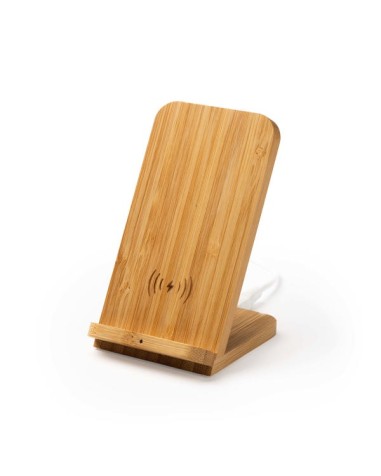 Bamboo desktop stand with wireless mobile phone charger function, customizable with your logo
