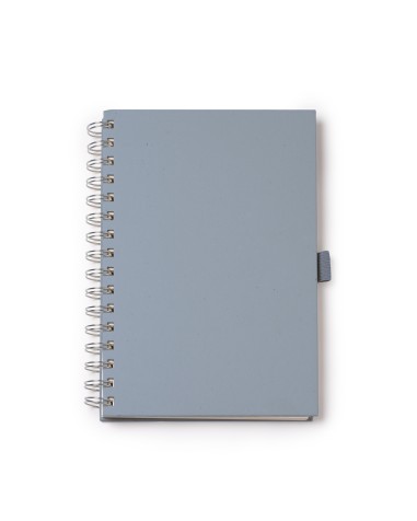 Personalized spiral notebook with blue covers, made from recycled milk cartons.