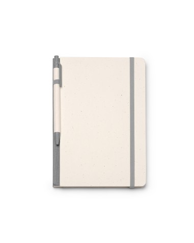 Carnet fabriqué à partir de briques de lait recyclées, blanc avec des détails gris.