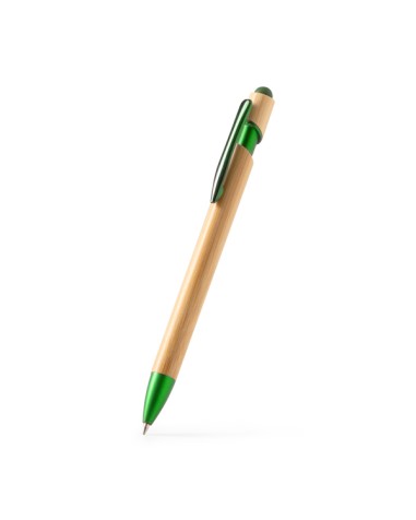 Bamboo ballpoint pen with touch stylus, with matte green chrome finish