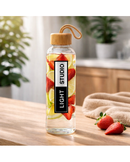 Flacon en verre avec housse en polyester et bouchon en bambou, 500ml - KASFOL