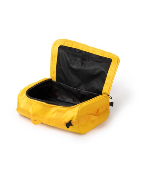 View of the large zip pocket of the yellow Lacroix backpack bag