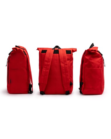 vista 360 de la mochila DRONTE de poliester RPET de color rojo, preparada para regalos empresa personalizados
