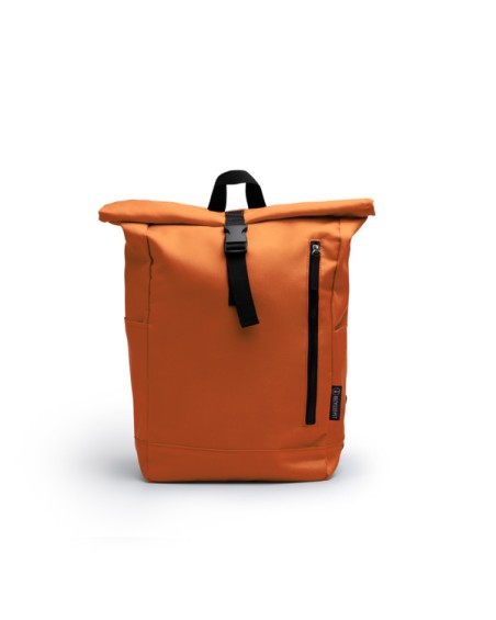Front view of the DRONTE orange backpack made with recycled and water-repellent fabric