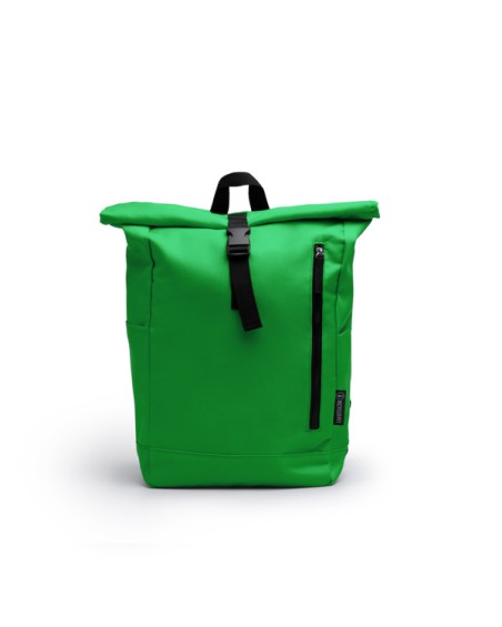 Front view of the DRONTE green backpack made with recycled and water-repellent fabric