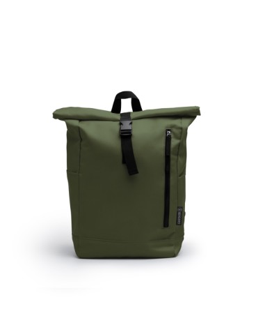 Front view of the DRONTE backpack made with recycled and water-repellent fabric in military green.