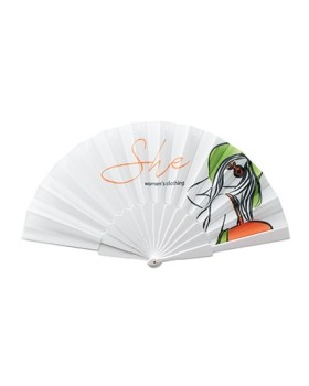 abanico con varillas de plástico de color blanco, con la tela personalizada a todo color