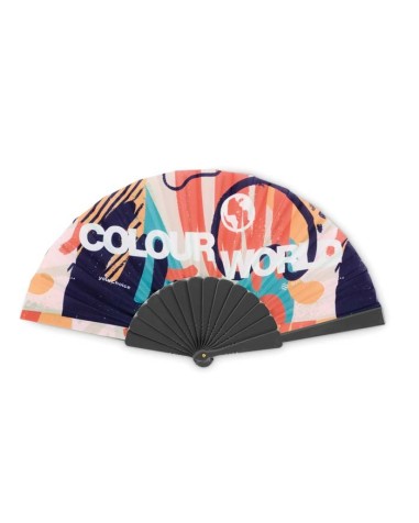abanico de tela personalizada a medida y a todo color, con varillas de plástico de color negro