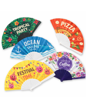 abanico con varillas de plástico de color blanco, con la tela personalizada a todo color 2