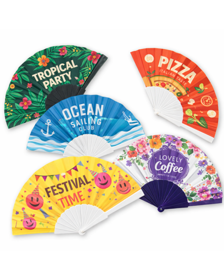 View of several models of fans with plastic ribs of different colors, with custom-made fabric