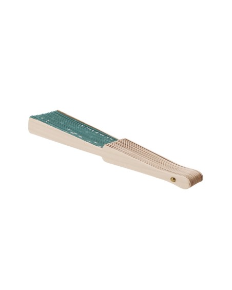 View of a wooden fan with a custom-folded fabric cover