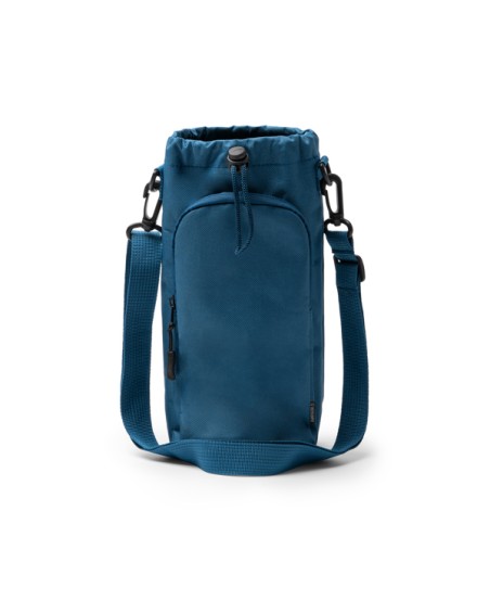View of the front pocket of the customizable blue-colored bottle holder shoulder bag
