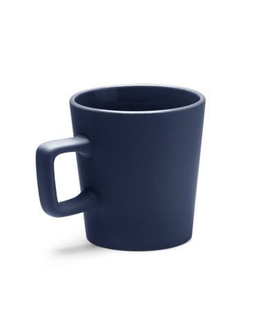 Ceramic mug with a matte finish and square handle, customizable for advertising