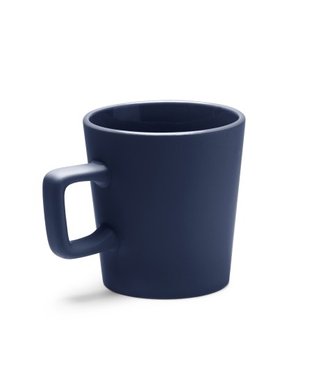 Ceramic mug with a matte finish and square handle, customizable for advertising