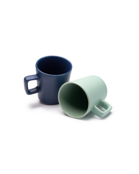 View of 2 Galvan ceramic cups with a matte finish and square handle