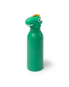 Gourde pour enfants en acier inoxydable avec un bouchon vert en forme de dinosaure.