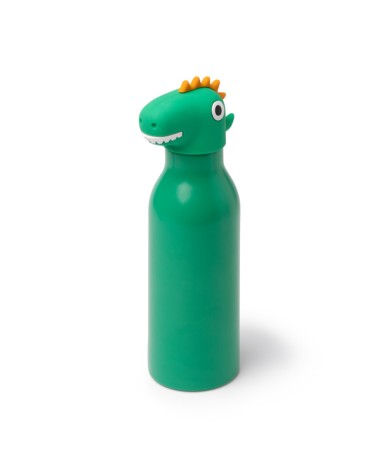 Children's stainless steel water bottle with a green dinosaur-shaped cap.
