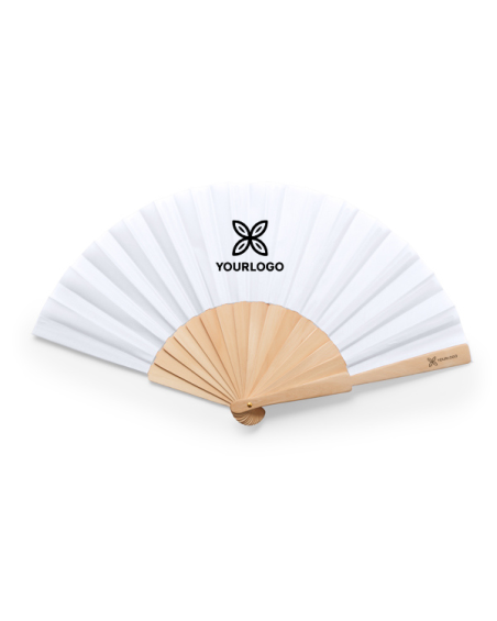 Personalized fan with wooden sticks, featuring a logo on the fabric and stick.