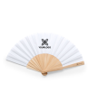 Personalized fan with wooden sticks, featuring a logo on the fabric and stick.