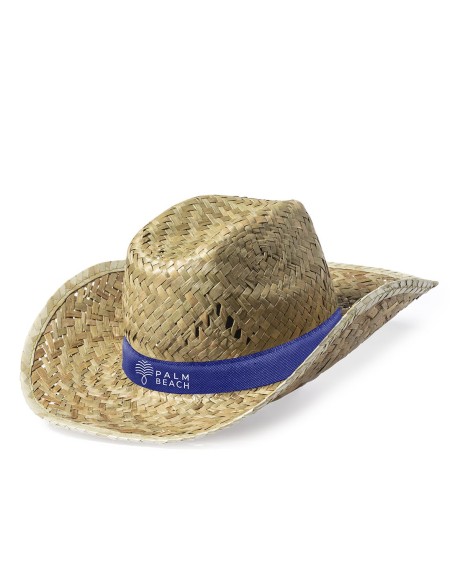 Light-colored straw hat with a blue ribbon, customized with a logo, ideal for parties and advertising.