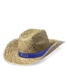 Light-colored straw hat with a blue ribbon, customized with a logo, ideal for parties and advertising.