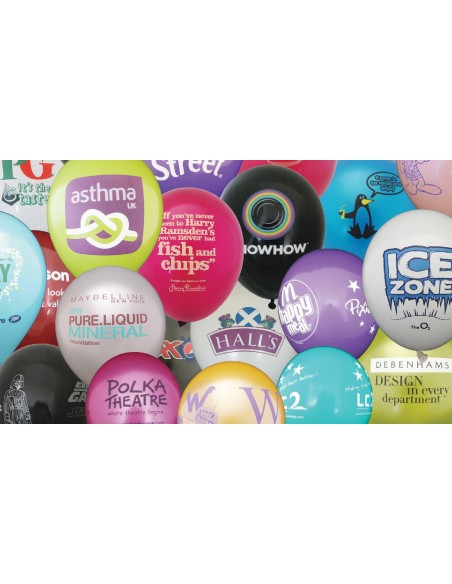 A wide assortment of latex balloons in various colors and sizes, customizable with your logo at Promoregals.