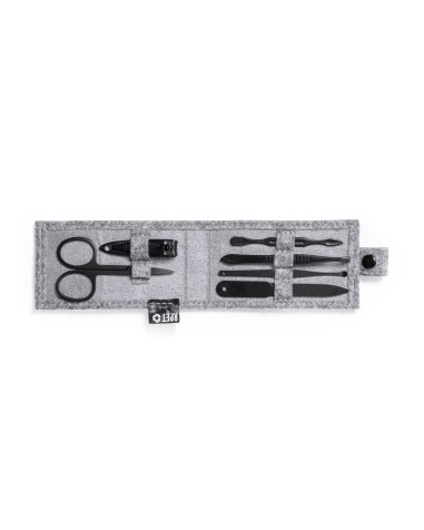 Pocket manicure set with 6 pieces. Made from recycled filter paper in a sparkly gray color. Customizable.