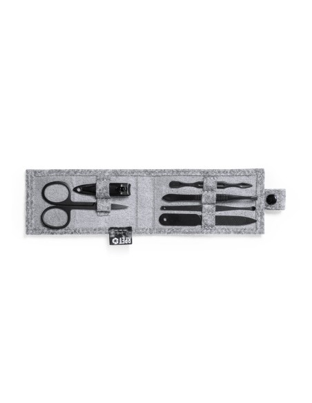 Coffret manucure de poche de 6 pièces. Fabriqué en papier filtre recyclé, d'un gris pailleté. Personnalisable.
