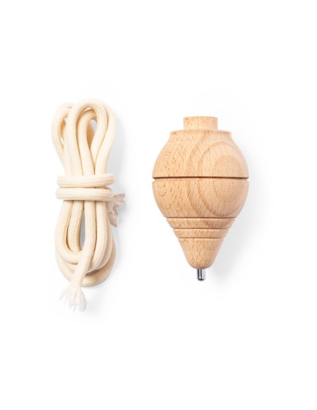 customizable natural wooden spinning top with matching natural cotton cord