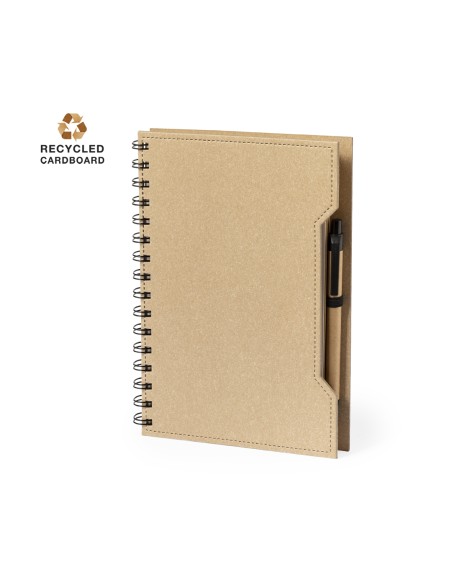 Llibreta A5 amb 80 fulles llises, notes adhesives i bolígraf cartró reciclat - Mecony