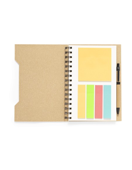 Libreta A5 con 80 hojas lisas, notas adhesivas y bolígrafo cartón reciclado - Mecony