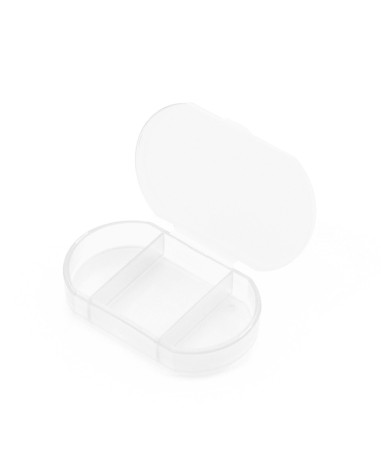 3-compartment pillbox in translucent white, customizable with logo