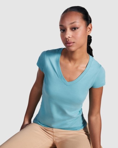 T-shirt femme ajusté col V, 100 %...