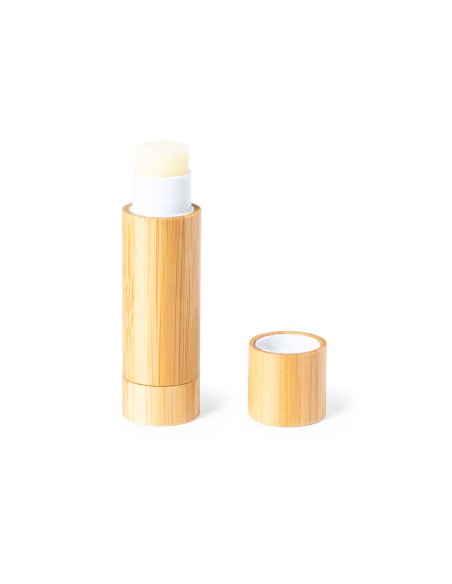 Vanilla-flavored lip balm with a bamboo case customizable with your logo